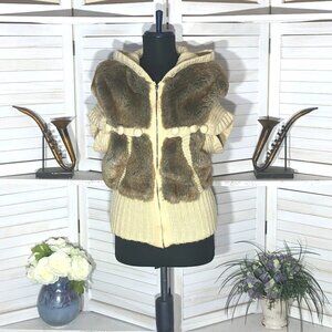 Vintage 90s Y2K Faux Fur vest warm wool brown beige cable knit with hood Sz S